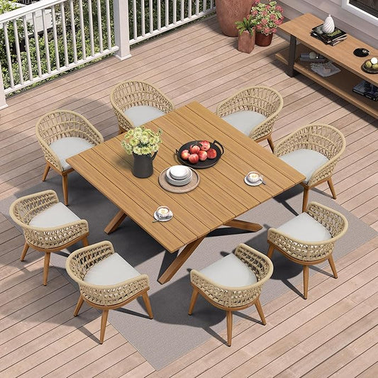 PURPLE LEAF 9 Pieces Outdoor Dining Set All-Weather PE Rattan Outdoor Patio Furniture Set with All Aluminum Frame Square Table and Chairs Set for Lawn Garden Backyard Deck, Teak