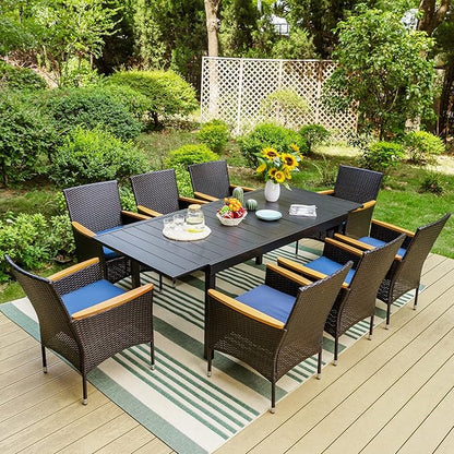 Sophia & William 9 Pieces Patio Dining Set for 8 People, Expandable Rectangular Outdoor Table and 8 Pcs Rattan Chairs, All Weather Metal Patio Table and Chairs Set