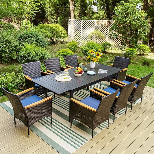 Sophia & William 9 Pieces Patio Dining Set for 8 People, Expandable Rectangular Outdoor Table and 8 Pcs Rattan Chairs, All Weather Metal Patio Table and Chairs Set