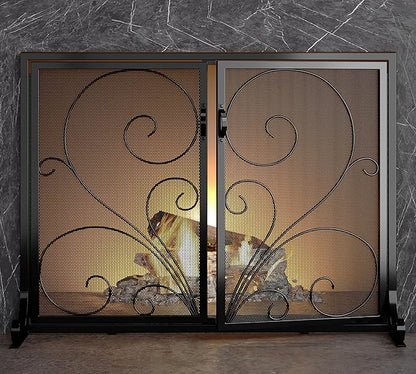 Flat Fireplace Screen with Doors,Solid Wrought Iron Frame with Metal Mesh, Flat Panel Decorative Fireplace Screen with Scroll Design, Free Standing Spark Guard