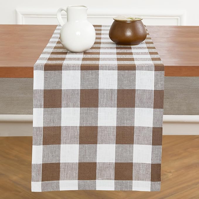 Solino Home Table Runner 36 Inches - 100% Pure Linen Buffalo Check Coco Brown and White Table Runner 14 x 36 Inch Ideal for Dresser and Coffee Tables