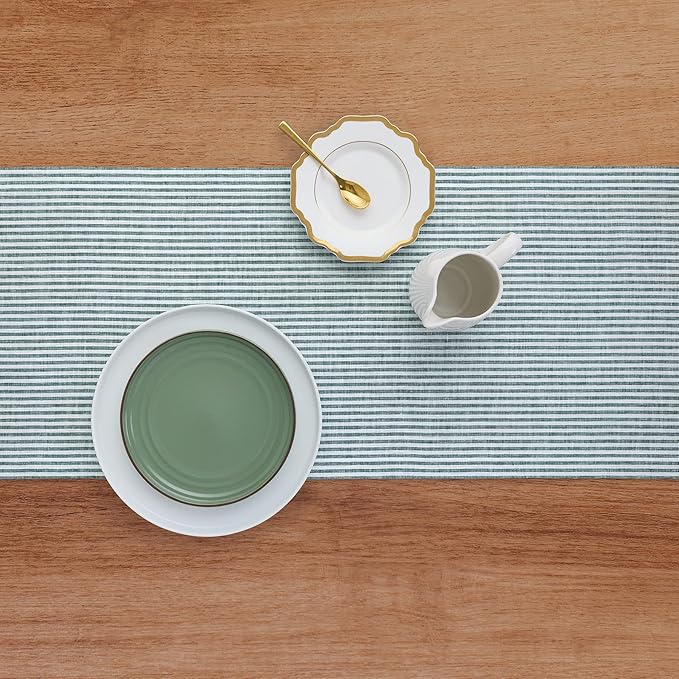 Solino Home Linen Table Runner 48 Inches - Narrow Stripe 100% Pure Linen Rainforest and White Farmhouse Table Runner 14 x 48 Inch Ideal for Dresser and Coffee Tables - St Patricks Day
