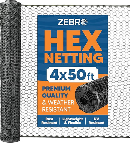 Plastic Hex Chicken Wire Mesh Garden Fence Roll (4' x 50' - Black) - Versatile Poultry Netting and Garden Fence for Temporary or Semi-Permanent Enclosures, Deer Fencing, and Construction Barriers
