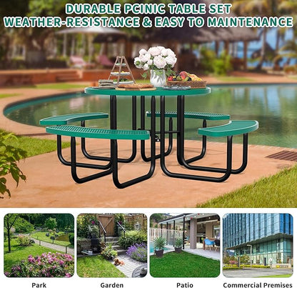 46'' Round Metal Picnic Table for Outdoors, Commercial Steel Metal Picnic Tables, Heavy Duty Sturdy Picnic Tables Furniture Set for Patio Garden Courtyard BBQ, with Umbrella Hole, Green