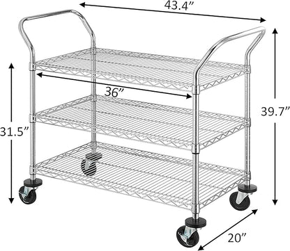 Finnhomy 3-Tier Commercial Grade Rolling Cart, Heavy Duty Utility Cart with Wheels and Handles, Metal Kitchen Carts on Wheels with 500 lbs Capacity, Shelf Size 20" D x 36" W, NSF