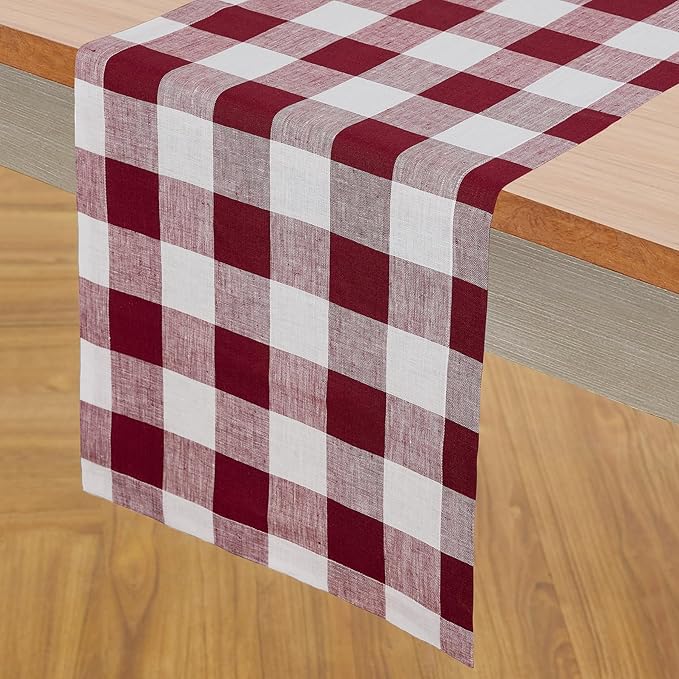 Solino Home Checkered Table Runner 60 Inches - 100% Pure Linen Burgundy and White Buffalo Check Table Runner 14 x 60 Inch Ideal for Dresser and Coffee Tables - Valentines