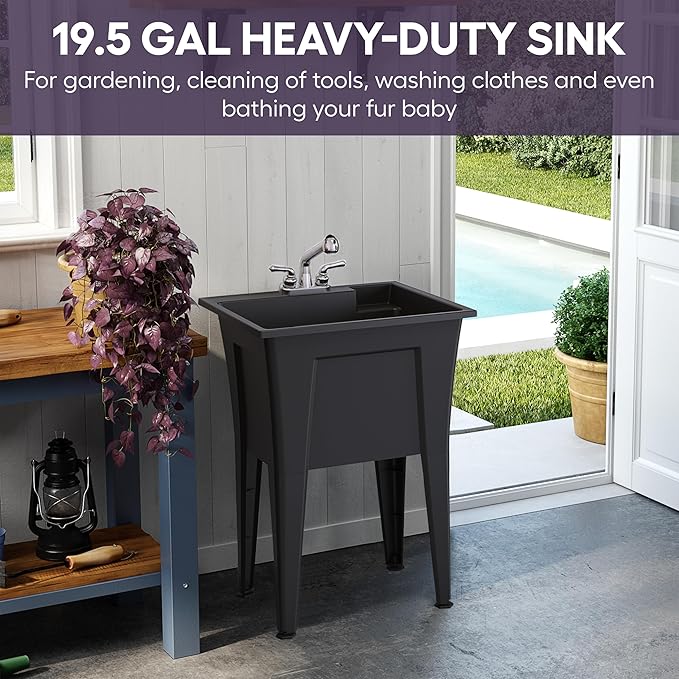 Freestanding Utility Sink with One Handle Black Faucet - 24" Plastic Utility Sink for Garage, Laundry, Indoor and Oudoor Use - Laundry Tub Kit by Noah William Home - Black (19.5 gal)