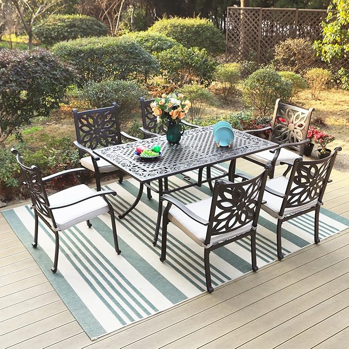 Sophia & William 6-Person Rectangular Cast Aluminium Outdoor Dining Table, Patio Bistro Table with 2.3" Umbrella Hole for Porch Backyard, Bronze