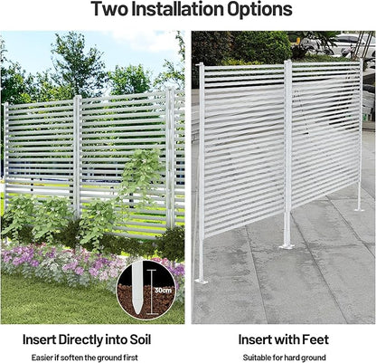 Outdoor Privacy Screen Fence with Feet Stand 3FT x 6FT, Freestanding Fence Privacy Screen for Outside, Metal Pipes and Slats Panels Divider Stake for Garden Patio Balcony Backyard White