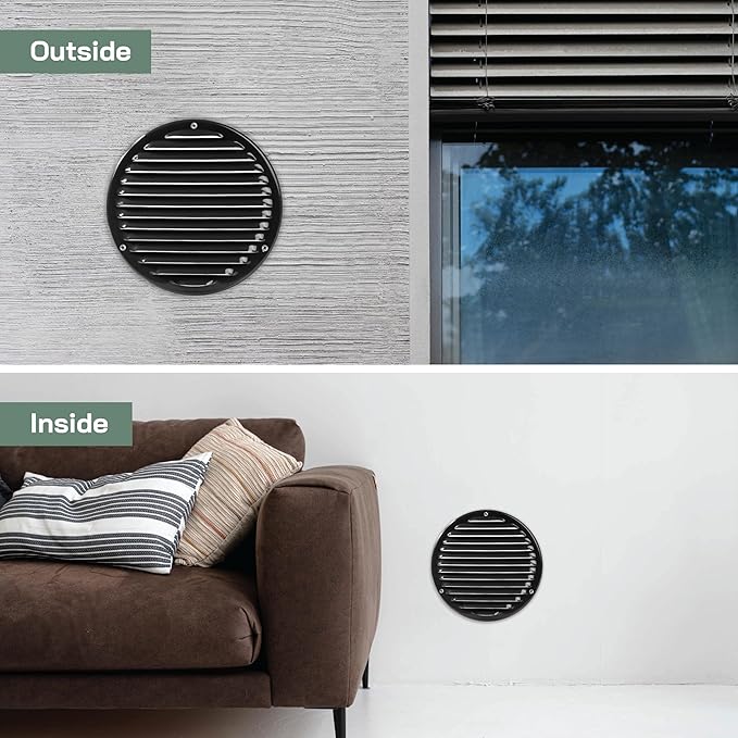 Vent Systems 8" Inch Black Round Soffit Vent Cover - Air Vent Louver with Built-in Mesh Screen – Wall or Ceiling Ventilation Grille for Intake/Exhaust HVAC Systems – Indoor and Outdoor Use