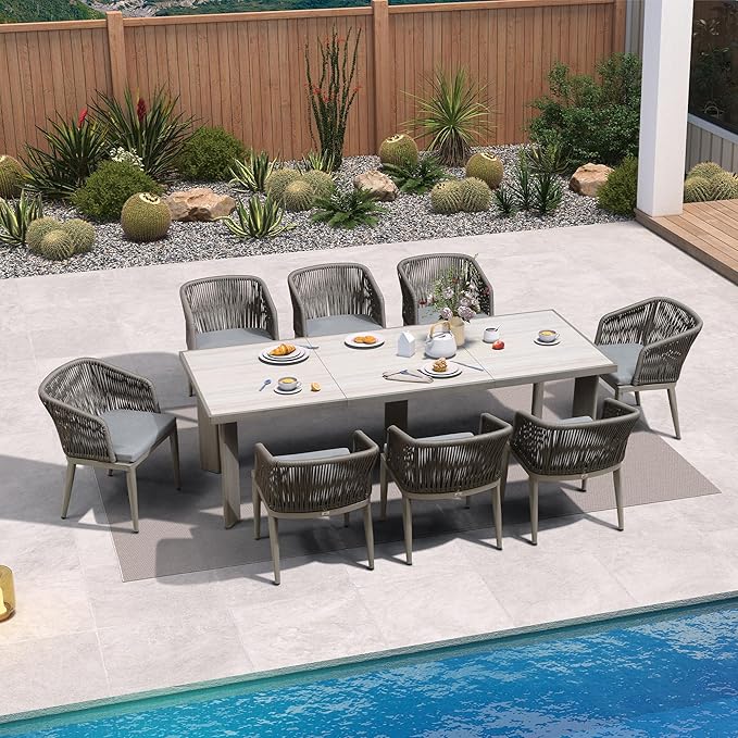 PURPLE LEAF 9 Pieces Outdoor Dining Set Patio Table and Chairs Set Aluminum Rattan Wicker Patio Furniture Set for Lawn Backyard Deck Grey