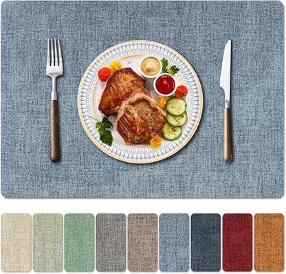 Faux Leather Heat Resistant Placemats Set of 8 – Waterproof Oilproof Wipeable Dining PU Vinyl Place Mat Easy Clean Table Mats for Kitchen/Dining/Party/Holiday, Blue