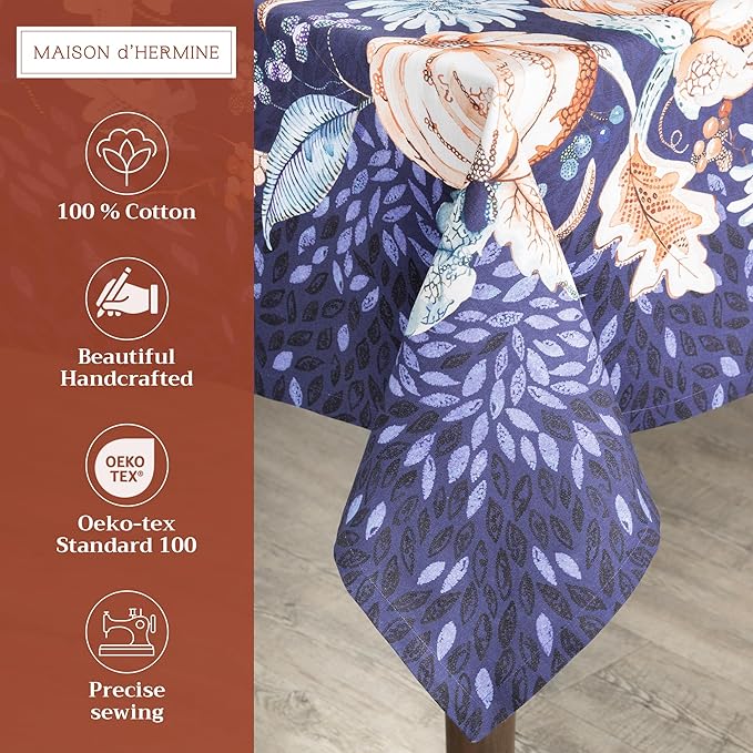 Maison d' Hermine Table Cloth Rectangle Table 100% Cotton 54 x 72 Inches Fall Tablecloth Reusable Everyday Use for Thanksgiving Christmas Decorations Dining Farmhouse Party (Pumpkin Blues)