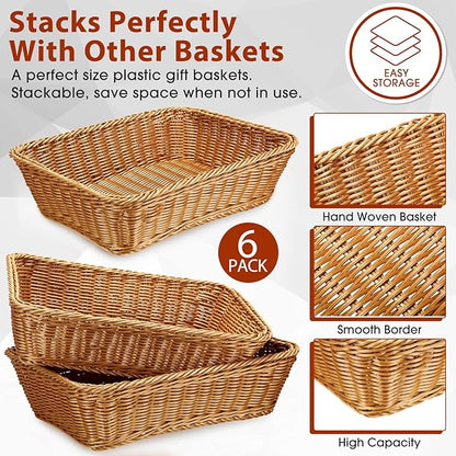 Eccliy 6 Pack Wicker Bread Baskets 15.8 Inch Woven Serving Basket for Gifts, Poly Wicker Storage Rectangle Rattan Display Trays for Bread Food Vegetables Fruit Snacks Tabletop Restaurant Home