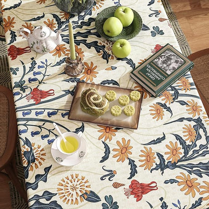 French Vintage Rectangular Tablecloth,Linen Tablecloth with Gold and Red Floral Pattern,Decorative Table Cover for Kitchen,Dining,Thanksgiving,Party,Living Room,55" × 87"-Tijuana