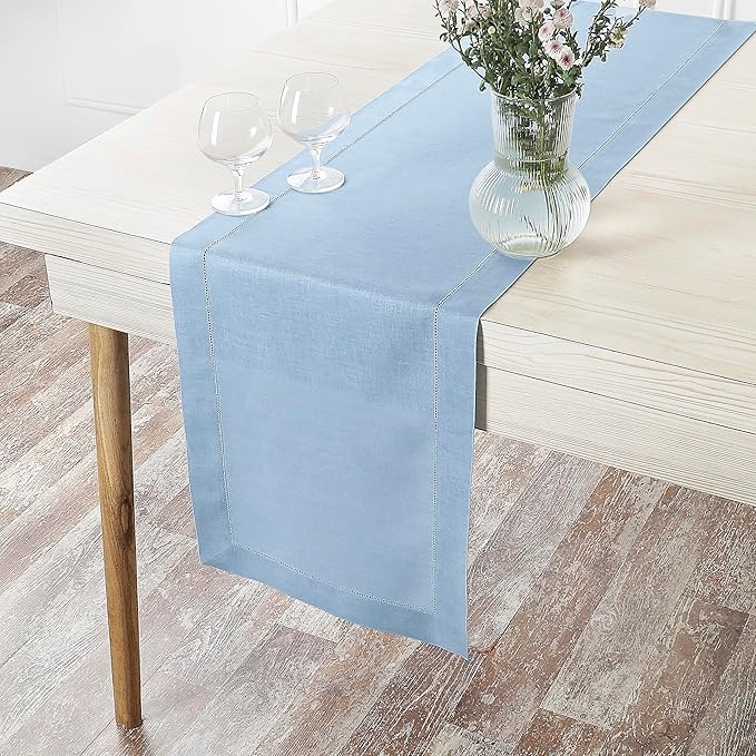 D'Moksha Homes Linen Powder Blue Table Runner 84 Inches Long - 100% Pure Linen Table Runner 14 x 84 Inch for Spring, Easter - Classic Hemstitch