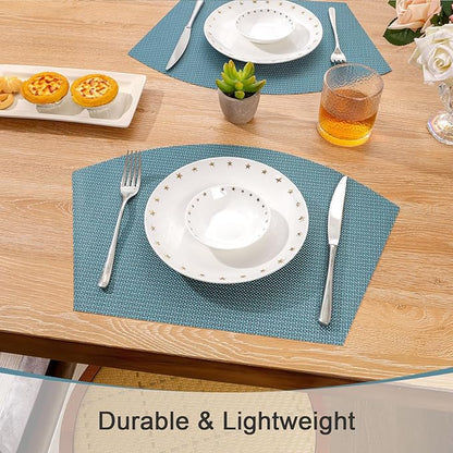 SHACOS Round Table Placemats Set of 4 Small Wedge Placemat Wipe Clean Heat Resistant Woven Vinyl Round Table Mats (4, Gray Blue)
