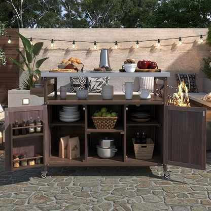 Rolling Cart ，Storage Cabinet, Grill Table ，Artificial Board，with Stainless Steel Top, Internal Storage Racks，Spice Rack, Towel Rack ， Kitchen ，Barbecue, Outdoor