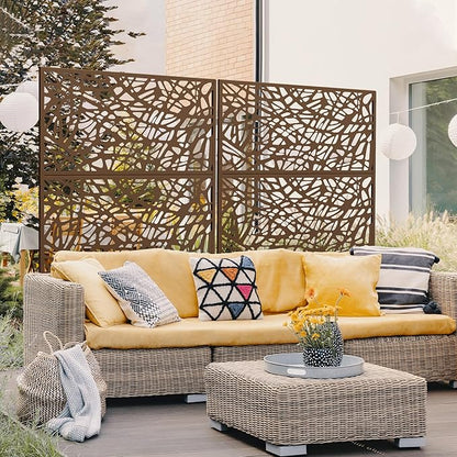 Metal Privacy Screen Outdoor 72" H×47" W,Freestanding Decorative Privacy Screen for Balcony Yard&Garden,Privacy Fence-Brown&Net