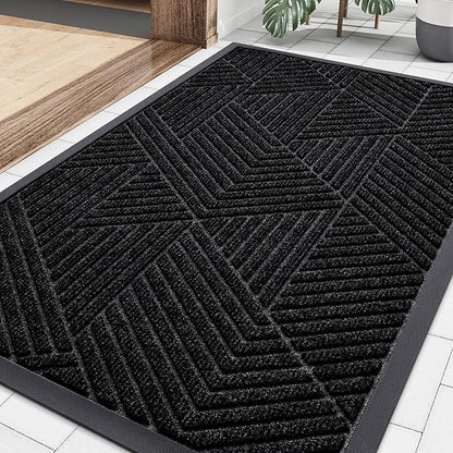 Smiry Front Door Mat Outside Entrance, Heavy Duty Sturdy Natural Rubber Doormat, Trap Dirt and Moisture, Easy Clean Low Profile Mats for Indoor Outdoor Entry, Irregular Triangle (36x24, Black)