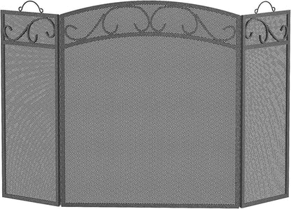 Fire Beauty Fireplace Screen 3 Panel with Handles Wrought Iron 51"(L) x31(H) Spark Guard Cover(Pewter)