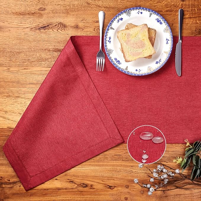 Mebakuk Linen Farmhouse Table Runner Large Burlap Style Soft and Waterproof Decorative Fabric Runner for Outdoor Wedding and Dinner (14 x 108 Inch, Red)