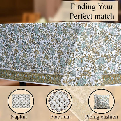 CPC Tablecloth 100% Cotton 60x90 Inch Indian Block Print Rectangle Table Cover, Washable Table Cloth for Weddings, Spring/Summer, Barbeque - Harvest Bloom