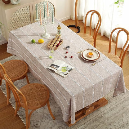 Chassic 60 x 120 inches Farmhouse Style Linen tablecloths, Wrinkle Resistant Washable Dining Room Table Cloths for 8 Foot Rectangle Tables - Hemstitch Light Coffee