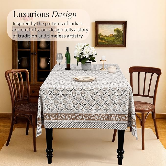 CPC Sandstone Regal Tablecloth 100% Cotton 60x90 Inch Indian Block Print Rectangle Table Cover, Table Cloth for Gifting in Weddings, Halloween, Fall, Christmas, Thanksgiving