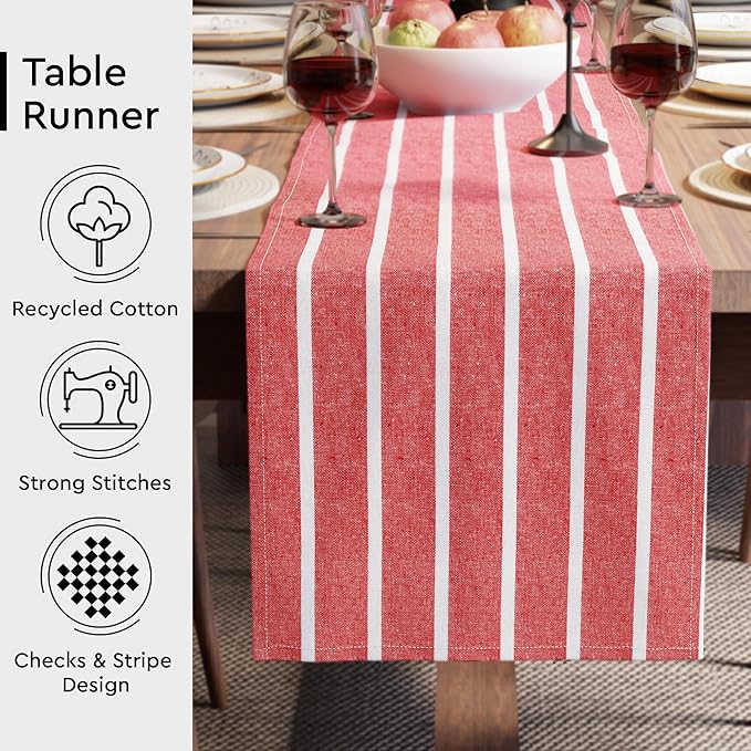 Encasa XO Cotton Dining Table Runner | Roma Red Stripes | Size 13x104 in - Machine Washable & Durable