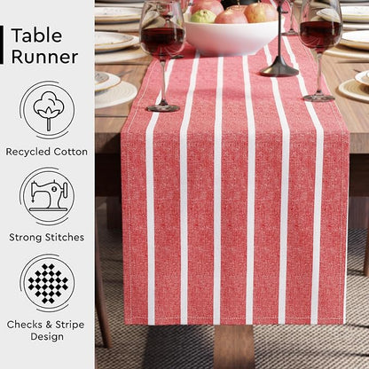 Encasa XO Cotton Dining Table Runner | Roma Red Stripes | Size 13x104 in - Machine Washable & Durable