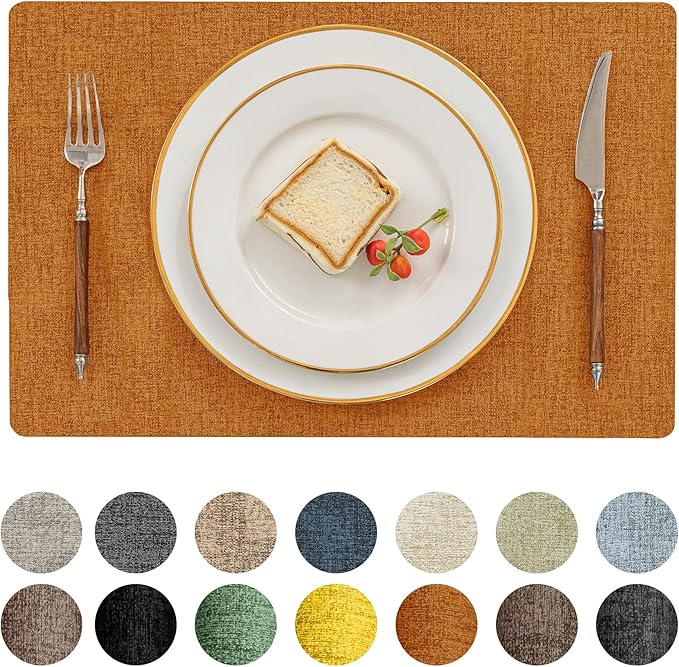 Romanstile Vinyl Placemats Set of 8-12 X 17 Inch - Heat Resistant Place Mats 100% Waterproof Oilproof Wipeable Reversible Faux Leather Table Mats for Kitchen, Dining, Party, Outdoor, Orange