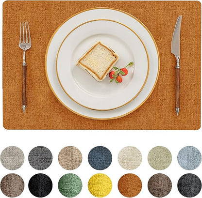 Romanstile Vinyl Placemats Set of 4-12 X 17 Inch - Heat Resistant Place Mats 100% Waterproof Oilproof Wipeable Reversible Faux Leather Table Mats for Kitchen, Dining, Party, Outdoor, Orange