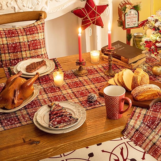 Red Plaid Snowflake Christmas Table Runner, Winter Holiday Table Runners 108 inches Long Xmas Decorations Indoor Outdoor Farmhouse Home Kitchen Dining Party Decor