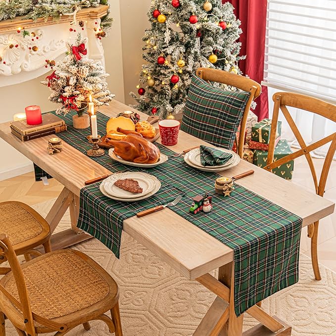 Green Blue Plaid Christmas Table Runner, Winter Holiday Table Runners 72 inches Long Xmas Decorations Indoor Outdoor Farmhouse Home Kitchen Dining Party Decor