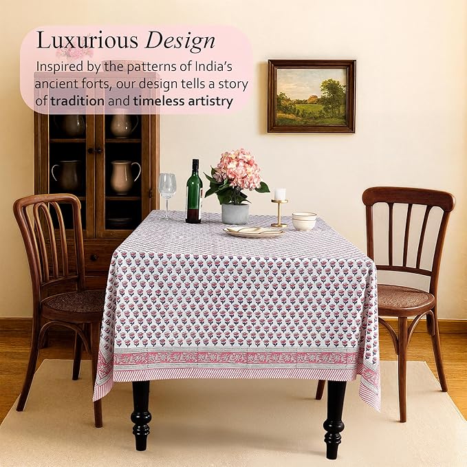 CPC Tablecloth 100% Cotton 72x160 Inch Indian Block Print Rectangle Table Cover, Pink Table Cloth for Weddings, Spring/Summer, Barbeque - Pink Sapphire