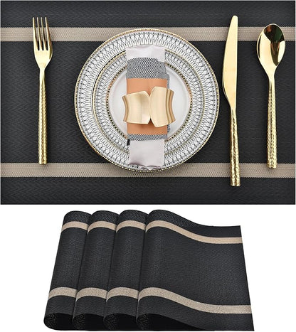 SLKQG Black Placemats Set of 4 - Easy Clean Modern Durable Washable Vinyl Place Mats - Heat Resistant Placemats for Kitchen Table - PVC Table Mats for Dining Table (Black with Stripes, 4)