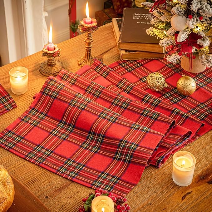 Red Green Plaid Christmas Table Runner, Winter Holiday Table Runners 36 inches Long, Xmas Decorations Indoor Outdoor Farmhouse Home Kitchen Dining Party Decor