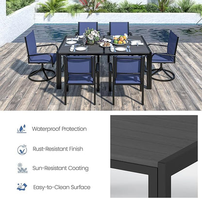 Outdoor Dining Set for 6, Metal Patio Table and Chairs Set with 2 Swivel Chairs, 4 Regular Textilene Chairs and 1 Large Table, Modern Patio Furniture Set for Deck Backyard (Navy Blue)
