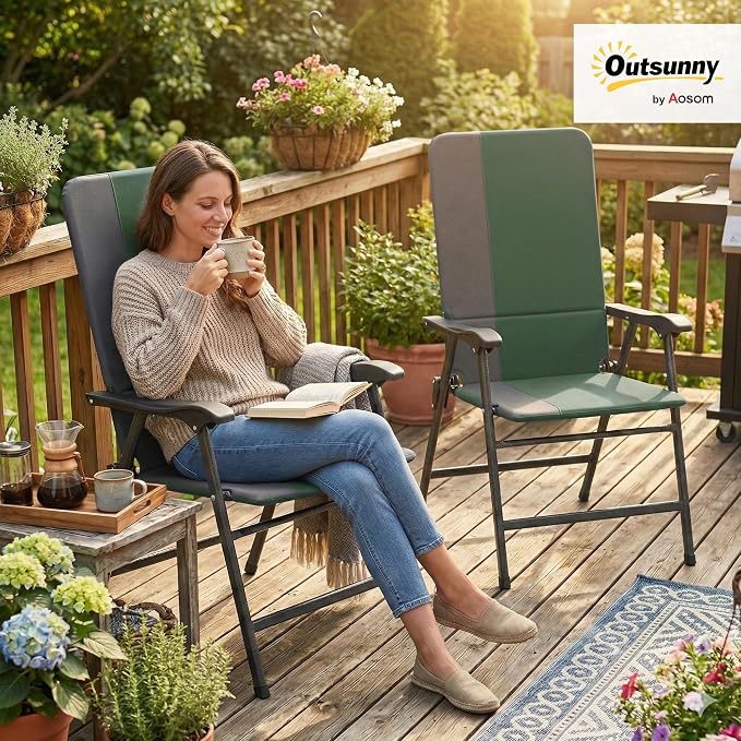 Outsunny Folding Patio Chairs Set of 2 Padded High Back Armrests Dark Green | - Image 2