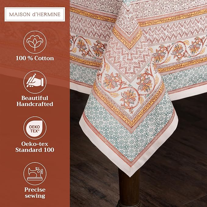 Maison d' Hermine Table Cloth Rectangle Table 100% Cotton 60 x 90 Inches Fall Tablecloth Reusable Everyday Use for Thanksgiving Christmas Decorations Dining Farmhouse Party (Nila)