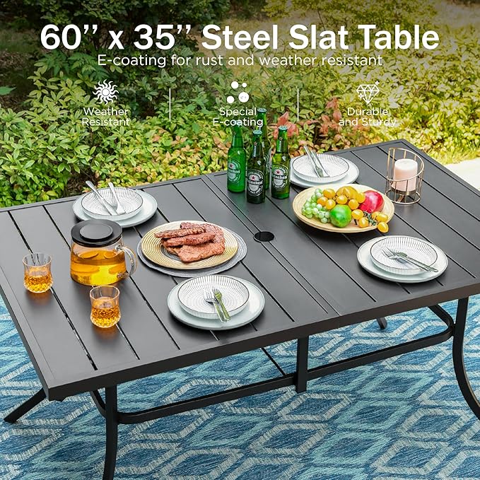 PHI VILLA Outdoor Dining Set for 6, Outdoor Table and Chairs Set for 6, 4 Extra Large Dining Chairs & 2 Swivel Chairs, Rectangular Metal Slat Dining Table for Deck, Backyard and Garden