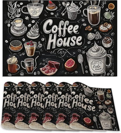 Coffee House Placemats Set of 6,Coffee Menu Table Mates Non-Slip Heat Resistant Washable Linen Place Mats for Party Kitchen Dining Decoration Indoor Outdoor 12"x18"