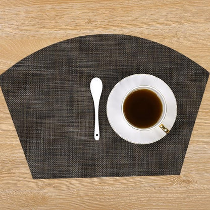 SHACOS Small Wedge Placemats Set of 4 Woven Vinyl Round Table Placemats Wipe Clean Round Table Mats Indoor Outdoor, Black Brown