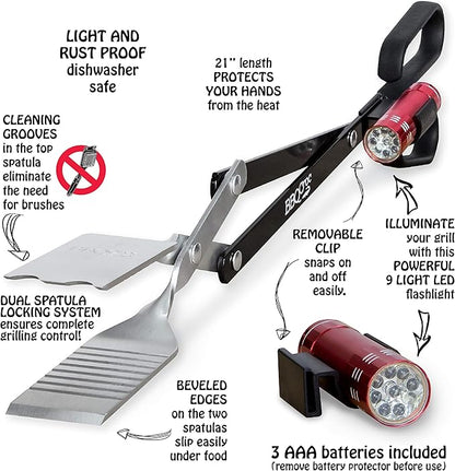 BBQCroc 3-in-1 Barbecue Tool 21-inch - Extra Light and Long Tongs, Spatula and Grill Scraper (Black) (21 inch with Flashlight)