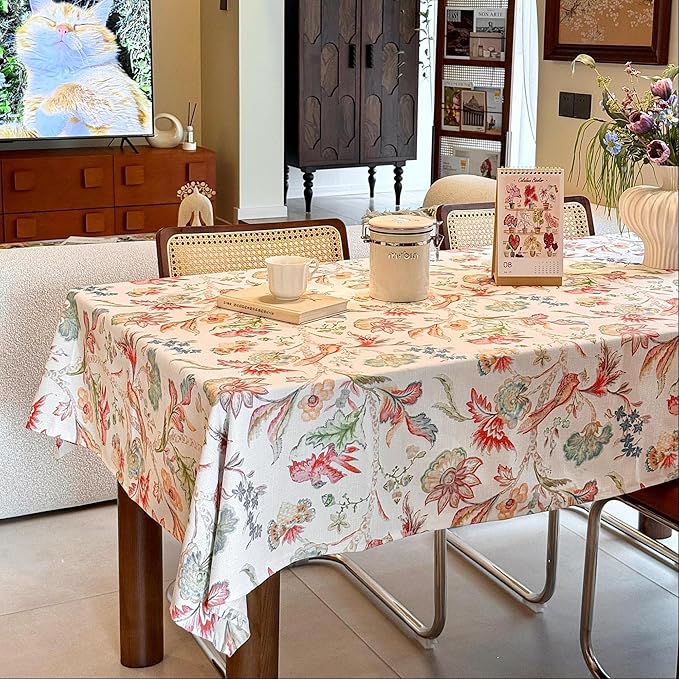 Rectangle Outdoor Tablecloth Linen Textured Washable Waterproof Table Cloth, Floral Decorative Table Cover for Dining, Farmhouse, Wedding, Party, Easter - 60 x 108 Inch, Flowers and Birds