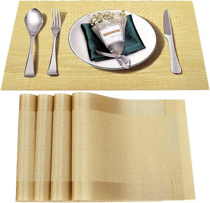 Placemats Set of 4,Washable,Heat and Stain Resistant Indoor/Outdoor Place mats,Vinyl Woven Non Slip Table Mats for Restaurant Table Protection,PVC Placemats(Gold 4PCS)