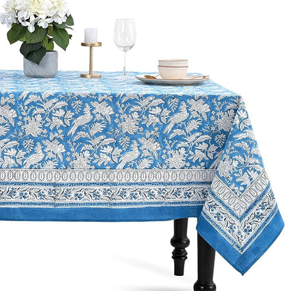 CPC Tablecloth 100% Cotton 70x108 Inch Indian Block Print Rectangle Table Cover, Washable Table Cloth for Weddings, Spring/Summer, Barbeque - Blue Sapphire