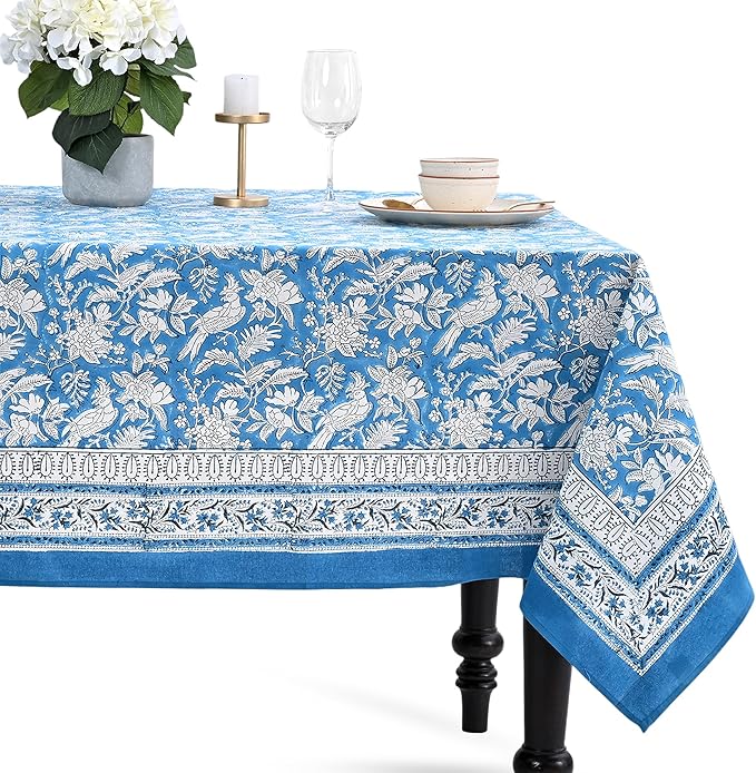 CPC Tablecloth 100% Cotton 70x140 Inch Indian Block Print Rectangle Table Cover, Washable Table Cloth for Weddings, Spring/Summer, Barbeque - Blue Sapphire