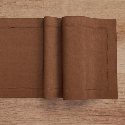 Solino Home Linen Brown Table Runner 90 Inches Long - 100% Pure Linen Hemstitch 14 x 90 Inch Table Runner for Dining - Classic Hemstitch